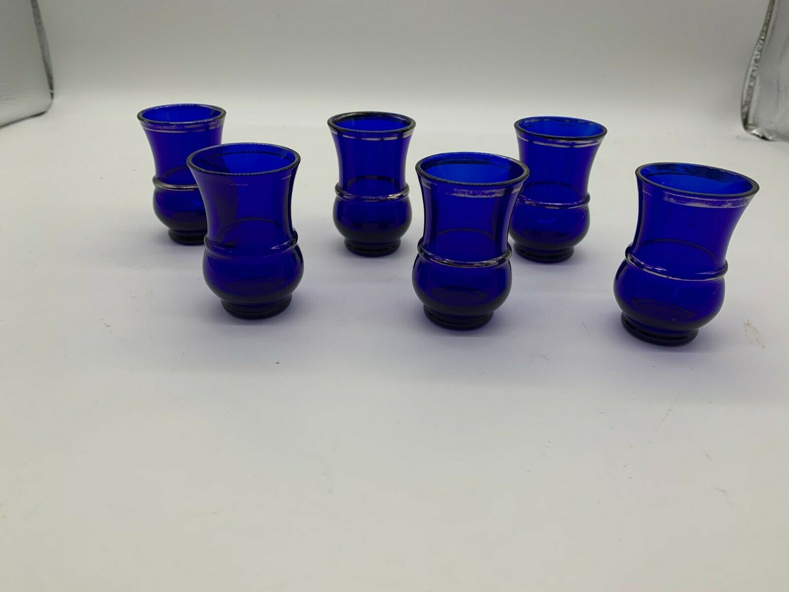 6 Cobalt Blue Shot Glasses With Silver Trim