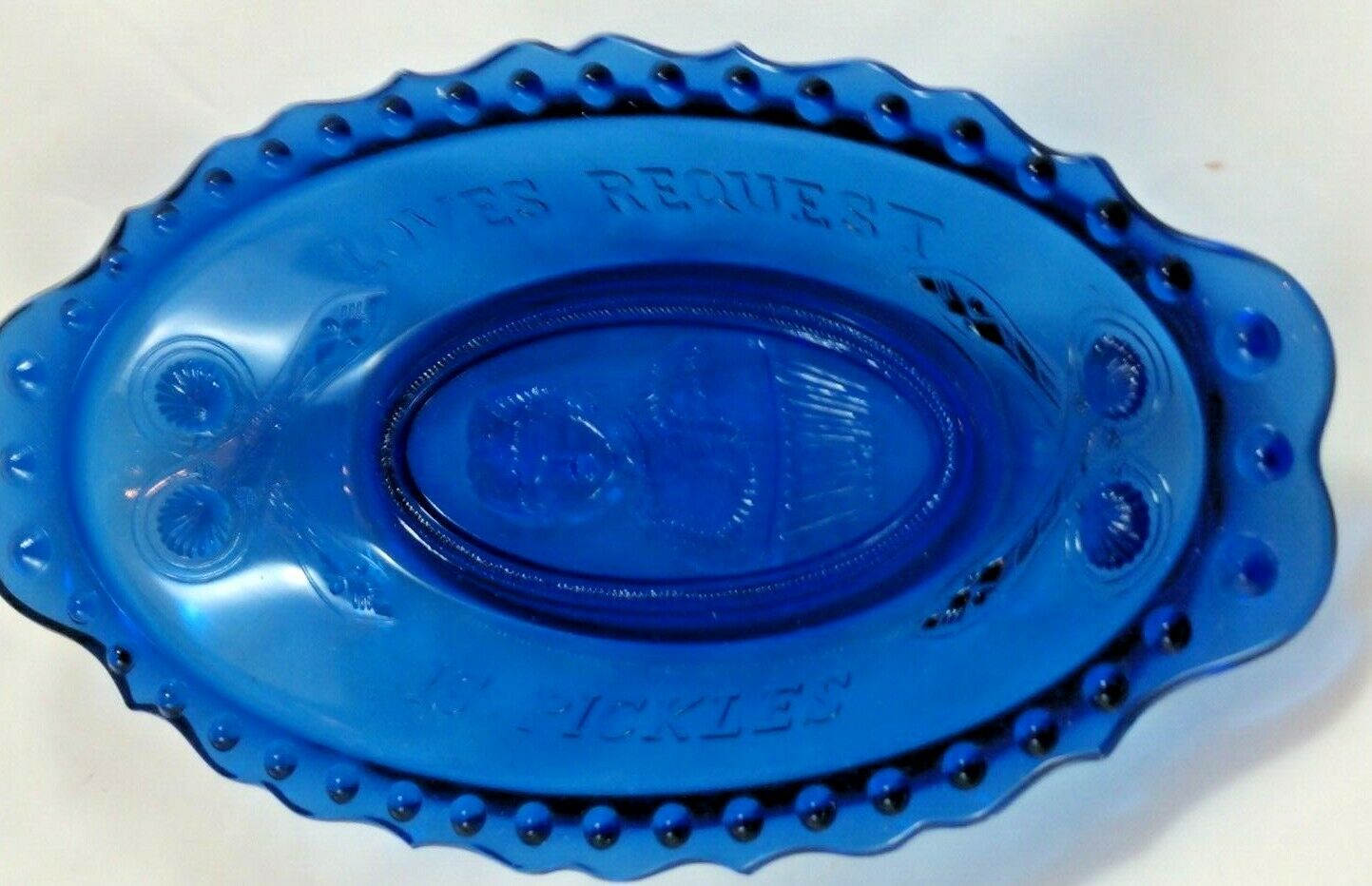 Vintage Cobalt Blue Imperial Glass Loves Request Is Pickles Serving Dish
